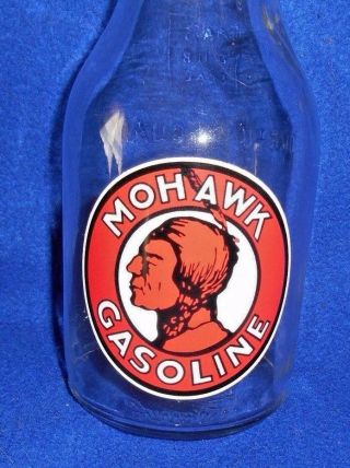 " Mohawk Gasoline " Indian Motor Oil Glass Pour Bottle W Spout 1 Qt Fill Line