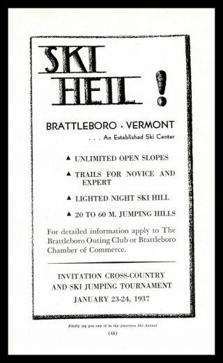 1936 Brattleboro Outing Club Vermont Snow Ski Center " Ski Heil " Vintage Print Ad