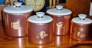 Vintage Retro Mid Century Mcm Set Of 4 Mirro Copper Tone Aluminum Canisters