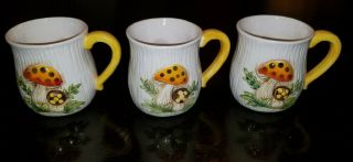 3 Vintage 1976 Sears Roebuck & Co Merry Mushroom Ceramic Mugs Cups