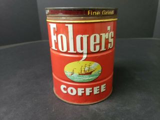 Folgers Coffee Vintage Ship 1952 Metal Can With Lid Old