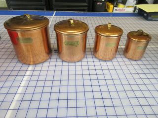 Vintage Polished Copper Brass Set Of 4 Nesting Canisters Flour Sugar Coffee Tea