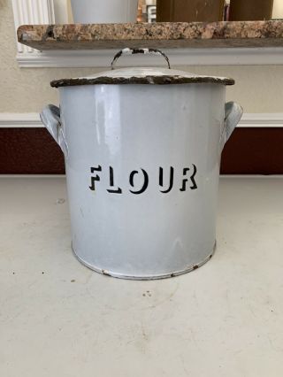 Vintage French Enamelware White With Black Lettering Flour Bin Canister