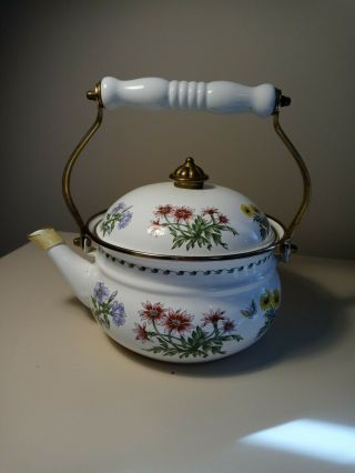 Vintage Metal Enamel Floral Teapot Tea Kettle With Ceramic Porcelain Handle