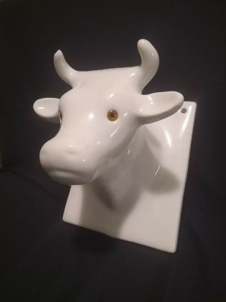 Vintage White Porcelain Cow Bull Head Kitchen Wall Towel Apron Hanger Hook