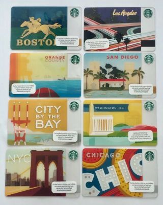 2013 Starbucks Gift Card.  Complete Set Of 8.  City/state.  W/w.