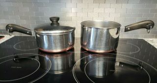 Revere Ware 1801 Copper Bottom Sauce Pans 3 Qt.  & 2 Qt.  Stainless One Lid - Usa