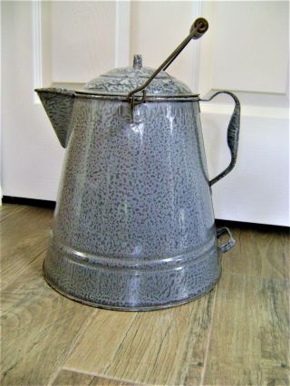 Large Vintage Mottled Gray Enamel Ware Graniteware Cowboy Coffee Pot Kettle 14 "