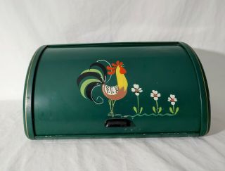 1950’s Vintage Ransburg Roll Top Metal Bread Box Hand Painted Rooster Green