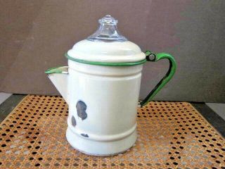 Vintage Farmhouse Enamelware Coffee Pot,  Cream W/green Trim And Glass Top