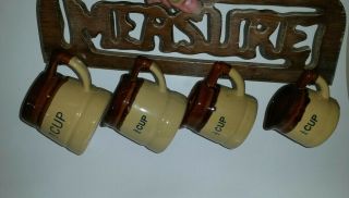 Vintage Brown Glazed Ceramic Crock Measuring Cups Set W/wood Holder