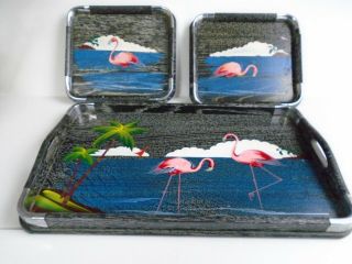 Vintage Set Of 3 Mid Century Black Trays With Flamingos And Island Scenes