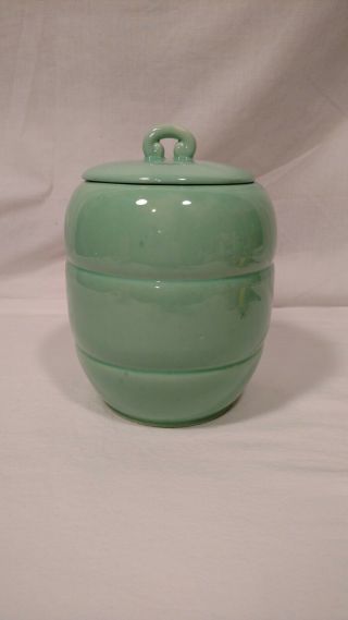 Vintage Sea - Foam Green Cookie Jar With Ringed Base,  Not Perfect,  Unmarked