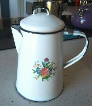 Vintage Enamelware Coffee Pot White Black Trim Floral Decor 7.  5 " X 5.  25 "