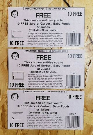 3 Gerber Baby Foods Or Juices Coupons (30 Jars Total) Rare No Exp.  Date
