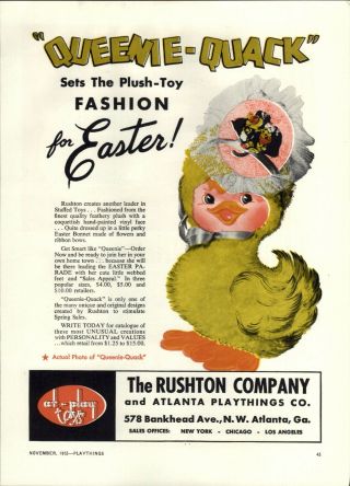 1953 Paper Rushton Plush Stuffed Easter Toy Queenie Quack Duck