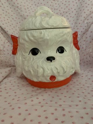 Vtg.  Poodle Maltese Fluffy White Puppy Dog Cookie Jar Mcm
