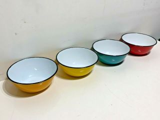 Set Of 4 Multicolored Enamel Vintage Bowls 3 " Tall Red Aqua Yellow Orange