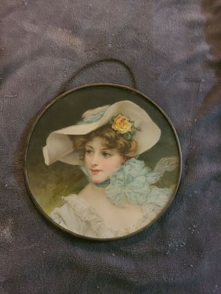 Vintage Victorian Era Woman In Blue White Flower Hat Flue Chimney Cover