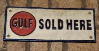 Gulf Here Cast Iron Advertising Plaque Or Sign Gas Station Memorabilia