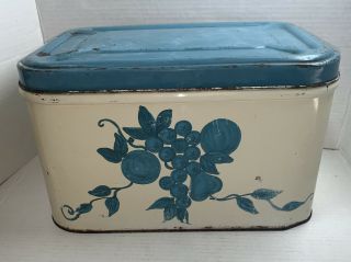 Vintage Rustic Metal Tin Farmhouse Vented Bread Box With Blue Fruit Grapes Pear
