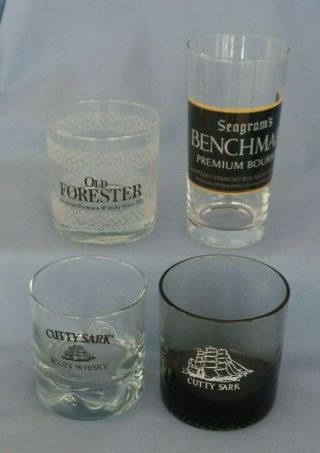 4 Whiskey Label Bar Glasses 5¼ " & 3¼ " Tall Seagram 