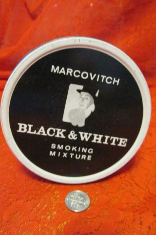 Vintage Round Marcovitch Black & White Smoking Mixture Tin Box,  London,  England