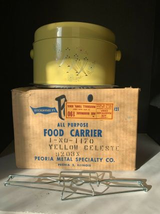 Vintage Yellow Celeste Pie And Cake Carrier By Peoria Metal Specialty Co And Box