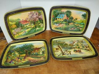 Currier & Ives 1868 Vtg American Homestead Four Seasons Set Of 4 Serving Trays