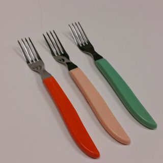 Barely - 3 Vintage Quikut Fiesta Flatware Colorful Dinner Forks - 1 As - Is