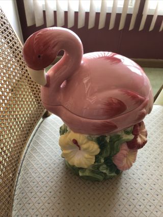 Large Pink Flamingo Hibiscus Flowers Ceramic Cookie Jar Target Home Tiki Kitsch
