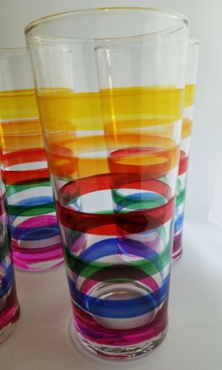 Vintage 1960 ' s Colorful Striped Glass Set Of 4 Tall Tumblers,  Retro 3