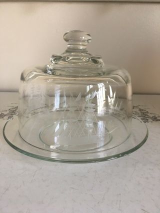 Glass Cake Plate/ Cheese Plate & Dome Lid Both W/ Etched Sail Boat And Birds