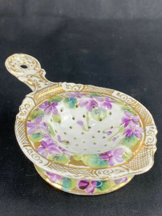 Vintage Porcelain Tea Bag Holder Strainer With Hand Painted Violets And Gold