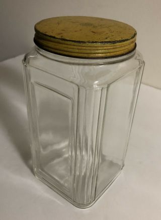 Vintage Anchor Hocking Hoosier Coffee Jar Art Deco Square Clear Glass Yellow Lid