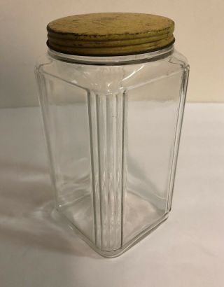 Vintage Anchor Hocking Hoosier Coffee Jar Art Deco Square Clear Glass Yellow Lid 2