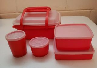 Vintage Tupperware Pak N Carry Lunch Box Paprika Orange - Complete 2