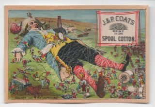 1890s Trade Card For J & P Coats Showing Gulliver Tied Up By Lilliputians