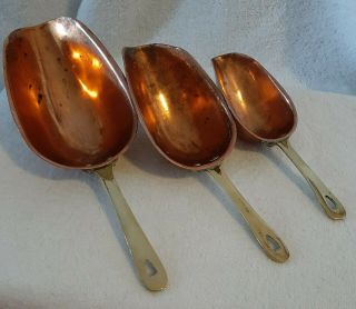 Vintage Riveted Set Of 3 Graduating Copper Scoops With Solid Brass Handles