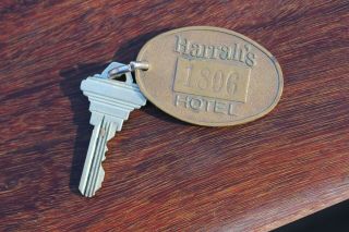 Vintage Brass Harrahs Hotel Casino Room Key & Fob 1806 Reno Nevada