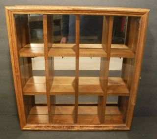 Vintage Wood Glass Front Wall Display Cabinet 12 Section Miniatures Mirror Back