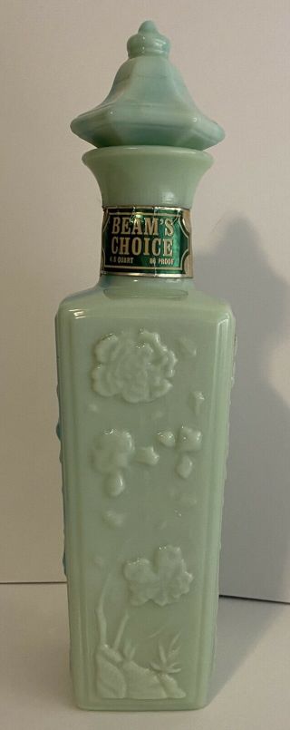 Jim Beam Vintage Jade Green Teal Milk Glass Decanter Empty With Foil