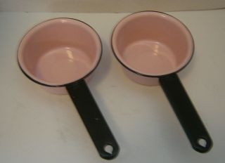Vintage Pair Pink & Black Porcelain Enamel 2 Cup Saucepans Fine Enamel