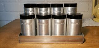 Vintage Set Of 8 Spun Aluminum Spice Jars With Matching Rack