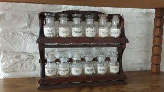 Vintage Wood Spice Rack With 12 Apothecary Spice Glass Bottles
