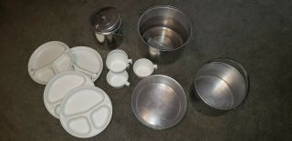 Vintage Aluminum Camping Mess Kit Nesting Pots Pans Plates Coffee Cups Pot Set