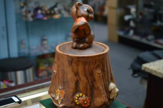 Vintage Ceramic Squirrel With Large Acorn On Tree Stump Brown Cookie Jar