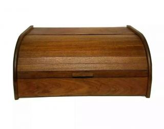 Vtg Kalmar Teak Wood Mcm Mid Century Danish Modern Tambour Roll Top Bread Box