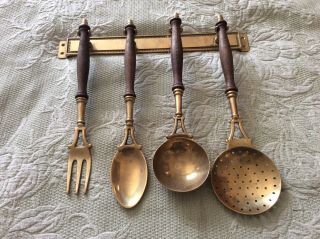 Vintage Brass And Wood Hanging Cooking Utensils With Hanger Set Of 4
