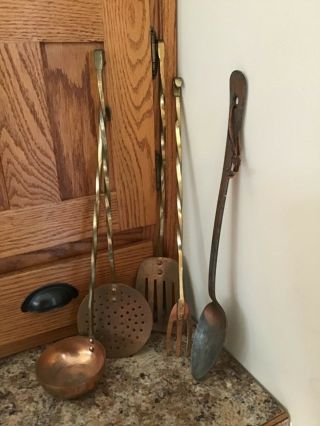 5 Vintage Copper Long Handled Kitchen Utensils Skimmer/fork/ladle/spoon/spatula